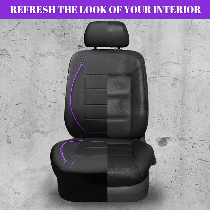 CAR PASS Universal FIT Piping Leather Two Front Seat Covers, Waterproof Faux Leather for SUV Sedan Van Truck, Airbag Compatible,Reserved Opening Holes for Headrest Covers(Black and Purple)