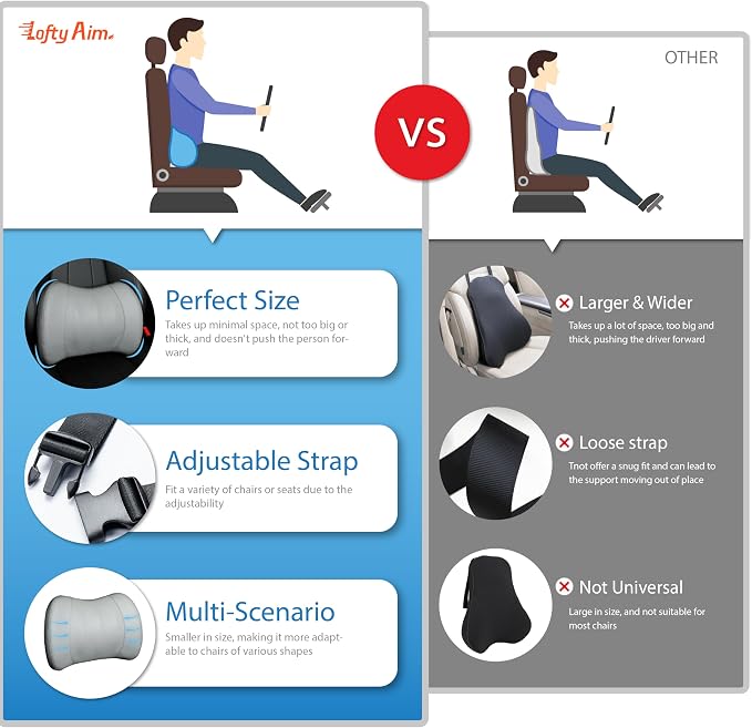 Lofty Aim Classic Memory Foam Lumbar Cushion Provides Excellent Back Support and Pain Relief - Back Cushion for Driving, Chair Support for Car-Office Chair, Wheelchair - Classic Gray