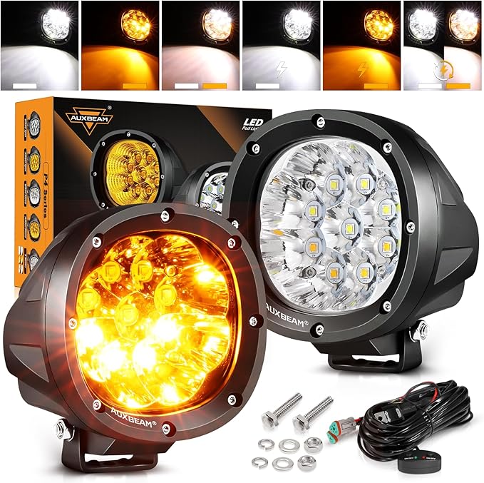 Auxbeam 4 Inch Round Offroad Light, 90W LED Amber White Spot Strobe Light Pods with 6 Modes, Dual Color Flashing Driving Fog Lights Bar Plug & Play for Truck, Pickup, SUV, ATV, UTV, 4x4, Jeep