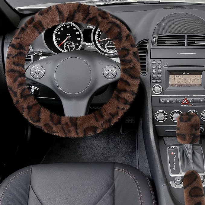 Accmor Fuzzy Car Steering Wheel Cover, Universal Fit Fur Auto Wheel Cover & Handbrake Cover & Gear Shift Cover Set, Fashion Leopard Fluffy Steering Wheel Protector Car Accessories for Men Women