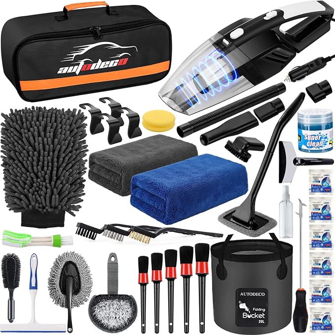 41Pcs Car Cleaning Wash Kit Interior Detailing Cleaner Kit with High Power Handheld Vacuum, Collapsible Bucket, Windshield Tool, Snow Shovel, Tire Brush, Complete Car Care Tools, Black