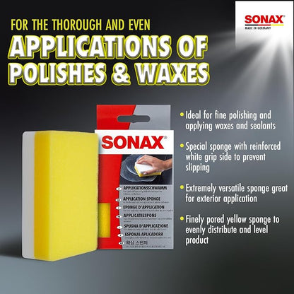 SONAX Application Sponge 417300 | Dual-Sided Detailing Applicator for Wax, Sealant, Polish & Tire Gel | Durable Foam with Ergonomic Grip | Ideal for Paint, Trim, Rubber & Plastics | 4” x 5”
