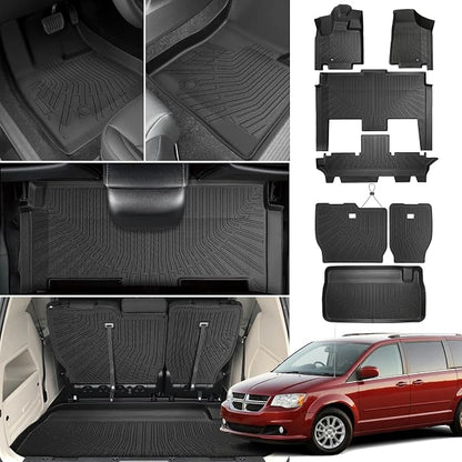 Floor Mats for Chrysler Town & Country 2008-2010 2011 2012 2013-2016(ONLY Stow'n Go) & for Dodge Grand Caravan 2008-2015 2016-2018 2019-2021,TPE Custom Floor Liners & Seatback Mat & Cargo Liner