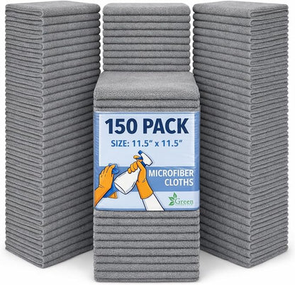 GREEN LIFESTYLE Microfiber Cleaning Cloth 11.5" x 11.5" 150 Pack - Edgeless Microfiber Towels for Cars, Cleaning Rags, Lint Free Car Microfiber Towel, Reusable Cleaning Cloths for House, Garage (Grey)
