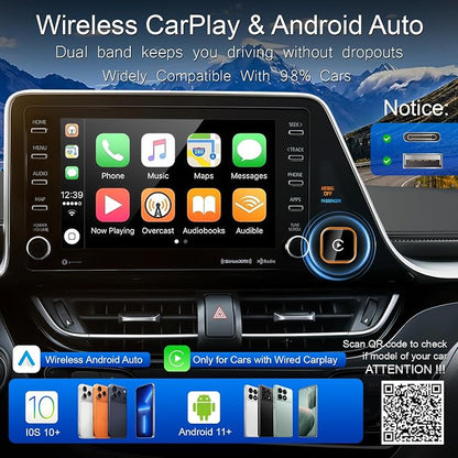 Wireless CarPlay Adapter & Android Auto Adapter, 2 in 1 Wired to Wireless CarPlay Dongle for iPhone & Android, Mini Plug & Play, Stable & No Latency, for iOS 10+ Android 11+ 2016+ Cars (Orange)