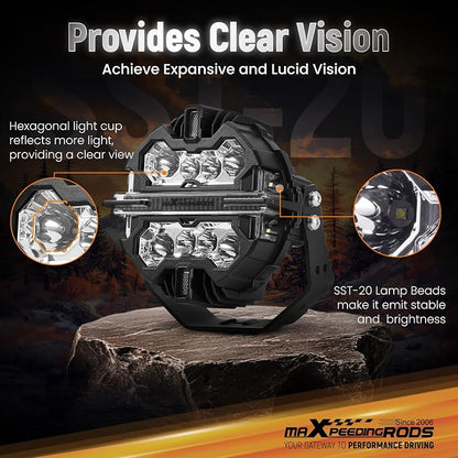 maXpeedingrods 2 Pack 7" 252W LED Off Road Lights with Amber/White DRL, LED Light Bar 270°Side Shooter Fog Lights for Trucks SUV Pickup ATV Motorcycles, with 4 Black Light Covers, Round