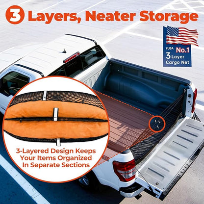 3-Layer Cargo Net for Ford Maverick 2022-2026, Zoned Storage Truck Bed Net with Foldable Zippered Bottom Bag, Heavy-Duty Cargo Organizer Netting for Camping, Trips & Everyday Use