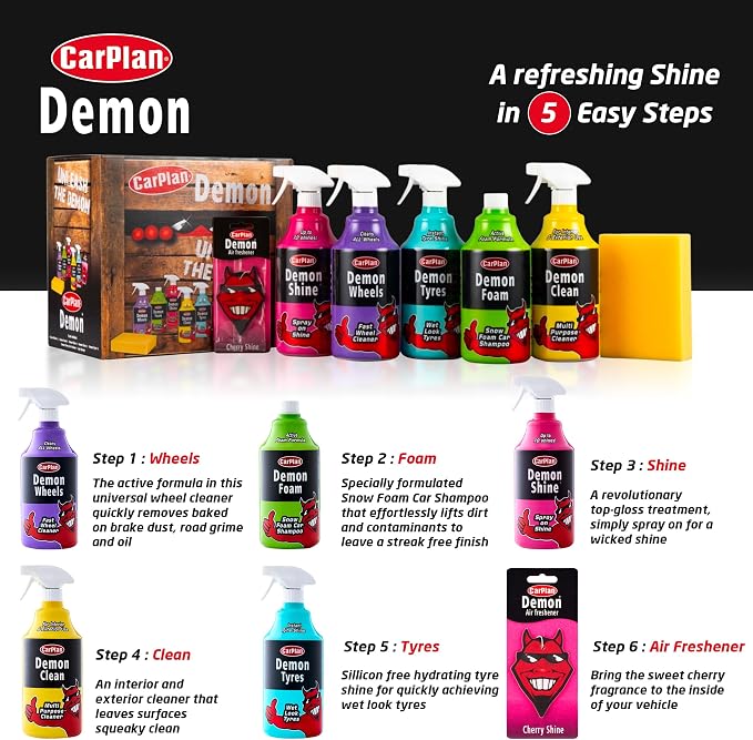 CarPlan Demon Car Wash Kit - 7 Piece Set Includes Car Wash Soap, Wheel Cleaner, Tire Shine, Interior Cleaner, Demon Shine, Air Freshener & Sponge