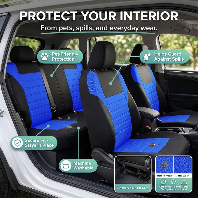 FH Group Automotive Car Seat Covers Full Set Premium 3D Air Mesh Front Seat Covers, Airbag Compatible & Split Bench Cover Universal Fit Interior Accessories for Cars Trucks and SUVs - Blue