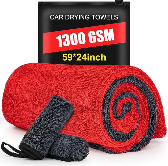 ThinkLearn 3-Pack Car Drying Towel-Microfiber Extra Large Towels for Cars(59"x24"), Ultra-Absorbent, Scratch & Streak Free, 1300 GSM, Twisted-Loop Cleaning Cloth for Truck, SUV, Car Accessories, Red