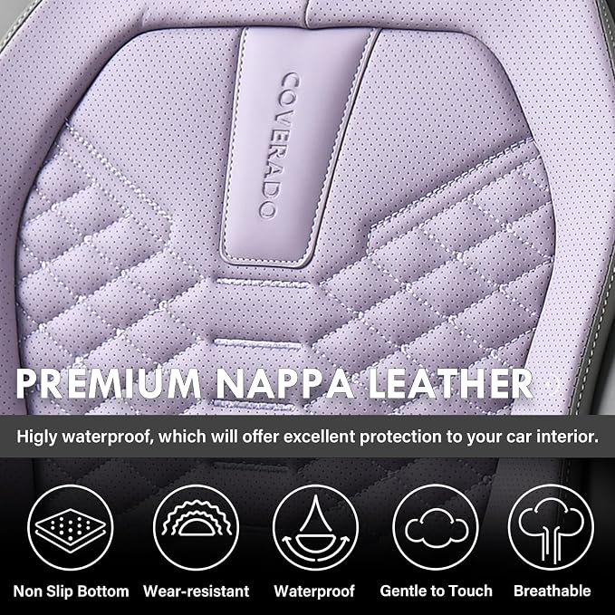 Coverado Seat Covers Full Set, Waterproof Nappa Leather Seat Covers for Cars, 5 Seats Universal Car Seat Protectors, Gray and Purple Car Seat Covers Car Seat Cushions Fit for Most Cars (Gray&Purple)
