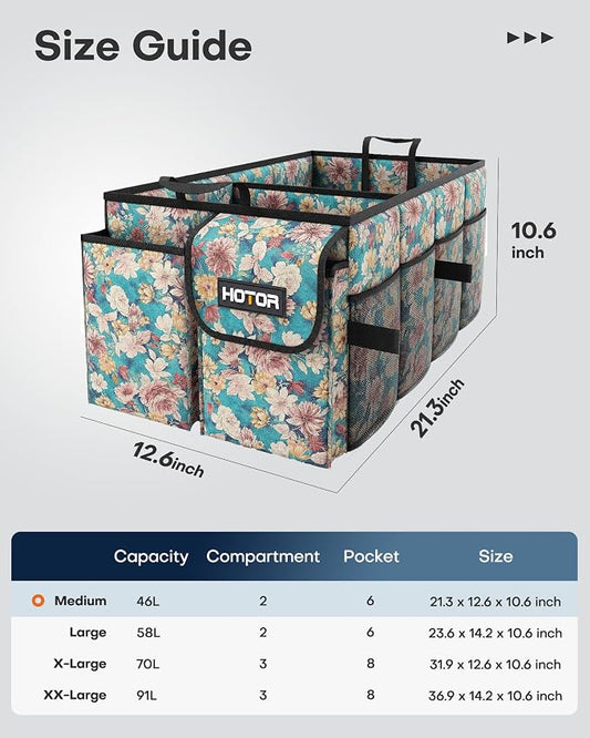 HOTOR Trunk Organizer- Car Organizer, Foldable Trunk organizer for SUVs & Sedans, Sturdy Car Organization for Car Accessories, Tools, Sundries, Blue Flower, 2 Compartments, 21.3"×12.6"×10.6"