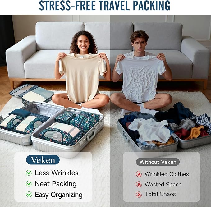 Veken 8 Set Packing Cubes for Travel Essentials,Anti-Wrinkle Buckled Suitcase Organizer for Shoe & Toiletry Bag,Carry On Luggage Bag with 99+ Count Mesh Holes for Airplane & College Dorm Accessories