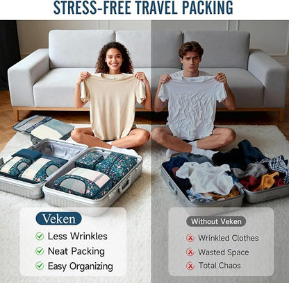 Veken 8 Set Packing Cubes for Travel Essentials,Anti-Wrinkle Buckled Suitcase Organizer for Shoe & Toiletry Bag,Carry On Luggage Bag with 99+ Count Mesh Holes for Airplane & College Dorm Accessories