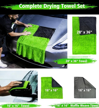 YeewayVeh Complete Drying Towel Set, 3-Pack Microfiber Towels (28"x36" & 16"x16" Drying & Waffle Weave), 1400 GSM Ultra Absorbent, Streak-Free Car Detailing Towels for Bulk Water, Final Polish & Glass