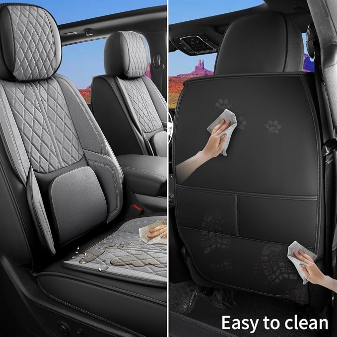Custom Fit Chevy Silverado GMC Sierra 1500 2007-2026 2500/3500 HD Crew Cab Full Set Car Seat Covers - 5 Pack, Premium Faux Leather Truck Seat Protector with Airbag Compatible Design, BlackGrey