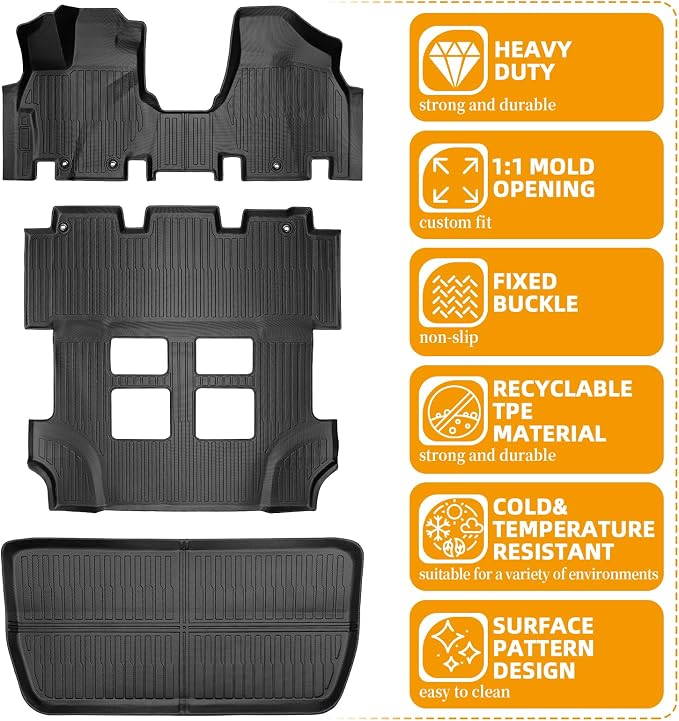 Floor Mats for Honda Odyssey 2011 2012 2013 2014 2015 2017, 2016 Odyssey Floor Mats, 1st and 2nd 3rd Row & Cargo Mat, TPE Non-Slip Waterproof Summer Winter Anti-Slip Car Accessories