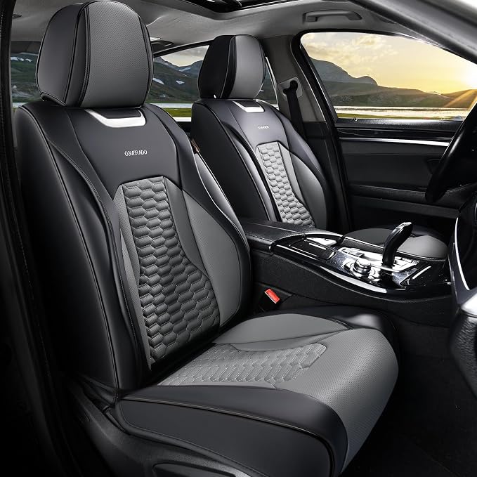Coverado Car Seat Covers Full Set, 5 Seats Nappa Leather Seat Covers for Cars, Waterproof Automotive Car Seat Covers Interior Accessories Universal Fit Most Sedans, SUVs, Pick-up Trucks(Black&Gray)