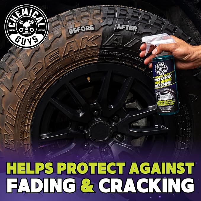 Chemical Guys Galactic Black Wet Look Tire Shine Dressing – High Gloss Tire Spray for Trim & Rubber – Restores Deep Black Shine and Protection for Cars, Trucks, Motorcycles and RVs, 16 oz