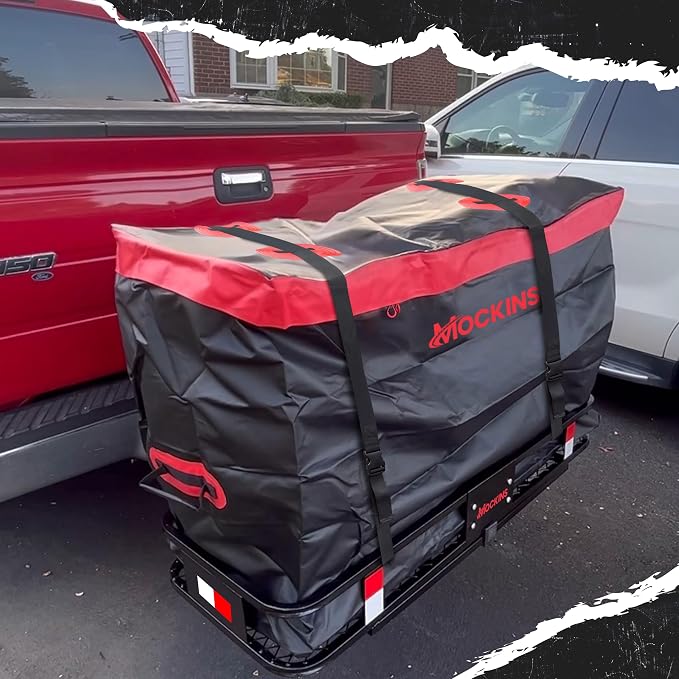 Mockins 15 Cu Ft Trailer Hitch Cargo Carrier Bag with 4 Packing Cubes | 48"x18"x31" Waterproof Cargo Bag for Hitch Carrier & Truck Bed Storage | Vehicle Soft-Shell Carriers w/ Cubes, Straps & Lock