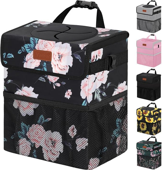 Vankor Car Trash Can for Car Cute,Bag Bin Hanging Waterproof Automotive Garbage Cans Leak Proof Vehicle Trash Can Black Floral