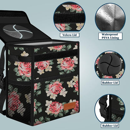 Femuar Car Trash Can Leak Proof Car Trash Bag Waterproof Car Garbage Can with Lid for SUV Front Seat Multipurpose Car Hanging for Headrest Collapsible and Portable with Storage Mesh Pocket, Flower