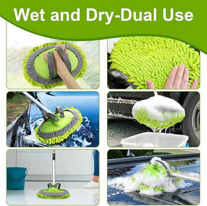 anngrowy 62" Microfiber Car Wash Brush Mop Kit Mitt Sponge with Long Handle Car Cleaning Supplies Kit Duster Washing Car Tools Accessories, 1 Chenille Scratch-Free Replacement Head Aluminum Alloy Pole