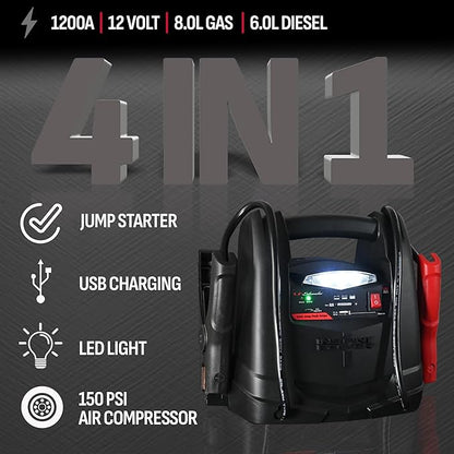 Schumacher Electric 1200A Lithium Car Battery Jump Starter and Power Station, 4-in-1 Solution, 150-PSI Air Compressor, 2.4A USB Charging, for 12V Power Sport, Automotive, and Marine Batteries, SL1562