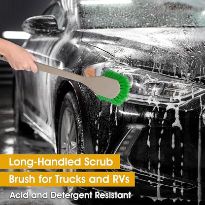 Soft Bristle Wheel Chemical-Resistant Brush for Fender and Wheel Cleaning - 2-1/2" Sturdy Bristle and 20" Ergonomic Long Handle - Cleaning Tool for Automotive Maintenance - Pack of 3