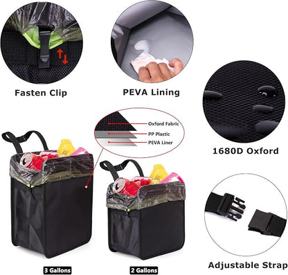 Ginsco 2 Gallons Open-Top Car Trash Can, Hanging Leakproof Car Trash Bag with Water-proof PEVA Liner, Stand Trash Bag for Cars Foldable Automotive Garbage Can for Cars SUV Truck RV Black