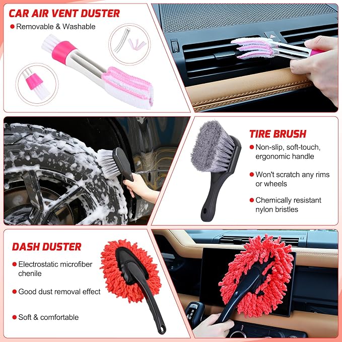 Nilight 27PCS Car Detailing Kit Auto Cleaning Tools Wash Set with Storage Carry Bag Home Use for Interior Exterior Deep Clean Polish Car Care Windshield Dashboard Seat Air Vents Wheels Tires, Red