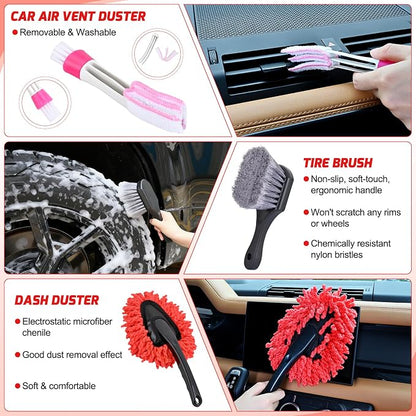 Nilight 27PCS Car Detailing Kit Auto Cleaning Tools Wash Set with Storage Carry Bag Home Use for Interior Exterior Deep Clean Polish Car Care Windshield Dashboard Seat Air Vents Wheels Tires, Red
