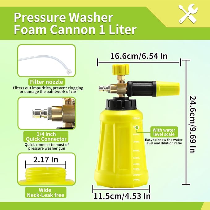 FIXFANS Foam Cannon with Replacement Adapter for Portland Husky Ryobi | Wide Neck Pressure Washer Snow Foam Lance, Heavy Duty Power Washer Foam Blaster, 1/4 Inch Quick Connector, 5 Nozzles, 1L