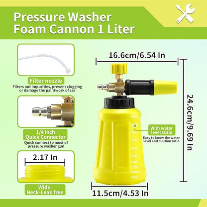 FIXFANS Foam Cannon with Replacement Adapter for Portland Husky Ryobi | Wide Neck Pressure Washer Snow Foam Lance, Heavy Duty Power Washer Foam Blaster, 1/4 Inch Quick Connector, 5 Nozzles, 1L