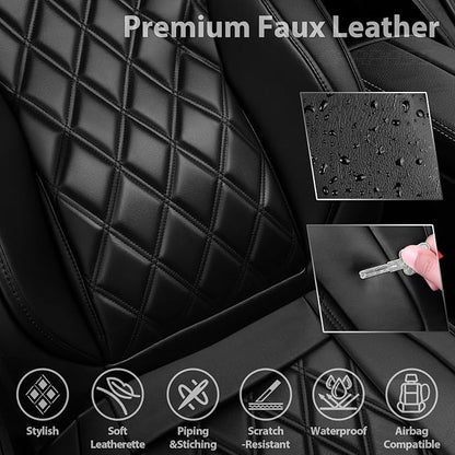 CAR PASS Luxury Nappa Leather Front Seat Covers, Waterproof Lumbar Support Seat Covers, Universal Anti Slip Seat Cushion Fit for Most Sedan SUV Truck Van, Armrest Airbag Compatible Rhomb Pure Black