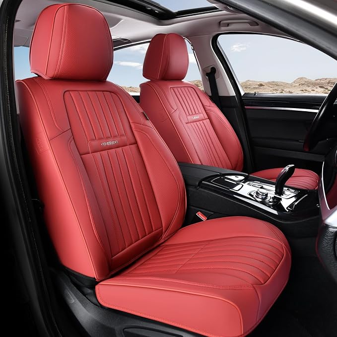 Coverado Car Seat Covers Full Set, Seat Covers for Cars, Car Seat Cover, Car Seat Protector, Leather Car Seat Cushion, Waterproof Car Seat Covers Front Seats and Back Fit for Most Cars(Red)