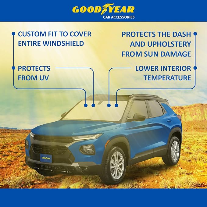 Goodyear Foldable Windshield Sunshade for Chevrolet (Chevy) Trailblazer 2021-2026, SUV car Accessories, Sunshade Cover, Sun Shade Car Windshield, Window Sun Blocker - GY008212