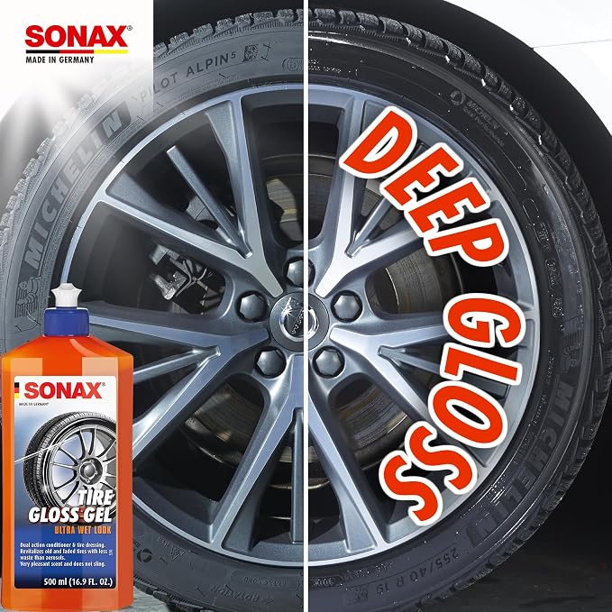 SONAX Tire Gloss Gel 235200 | Long-Lasting Rubber Conditioner for a Semi-Gloss finish on Tires | Deep Black Revitalization with Silicone Protection | Cleans, Conditions & Repels Dirt for Weeks | 500ml