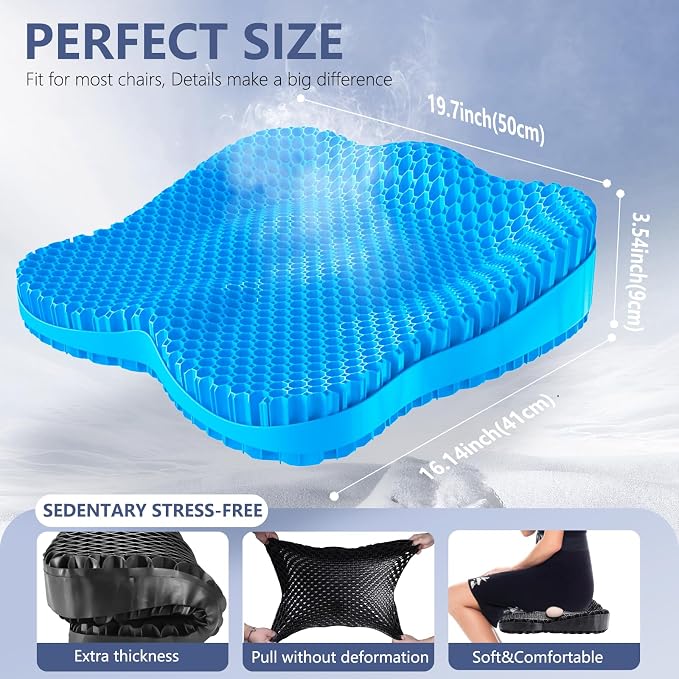 Thicken 19.7in Seat Cushion Gel, Large Cooling Seat Cushion for Long Sitting, Cushion for Wheelchair, Pressure Relief Cushion Seat for Office Chair, Chair Seat Pads for Car Desk Chair Kayak Stadium