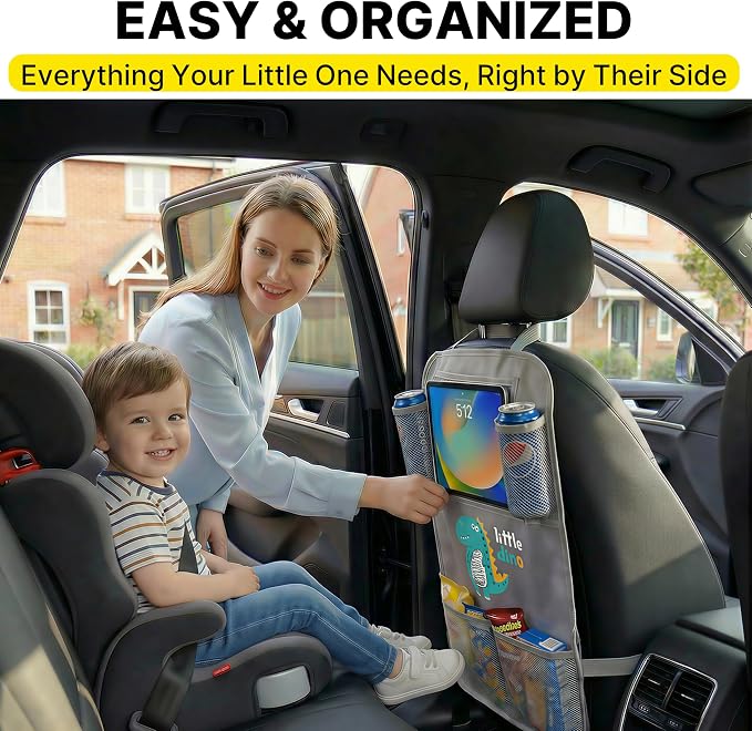 Backseat Car Organizer for Kids, Car Seat Organizer with 11” Touch Screen Tablet Holder, Rear Seat Storage Bag with Drink Pockets, Anti-Kick Seat Back Protector for Travel (Gray Dinosaur)