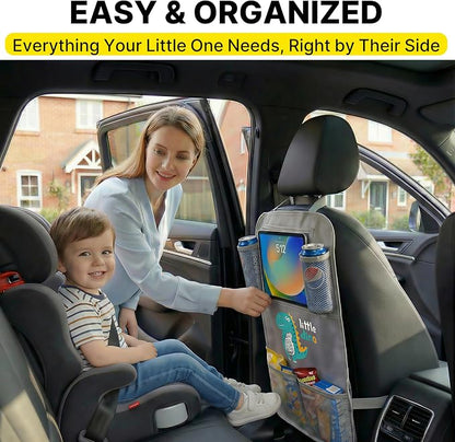 Backseat Car Organizer for Kids, Car Seat Organizer with 11” Touch Screen Tablet Holder, Rear Seat Storage Bag with Drink Pockets, Anti-Kick Seat Back Protector for Travel (Gray Dinosaur)