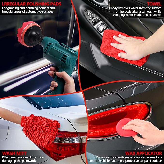32Pcs Red Car Detailing Kit – Brush Set & Cleaning Kit with Drill Brush, Polishing/Waxing Pads, Interior/Exterior Tools for Wheels & Windshield – Portable Handbag