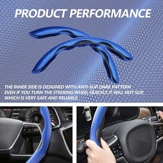 2pcs Universal Fit Carbon Fiber Steering Wheel Cover, Anti-Skid Steering Wheel Cover/Segmented Steering Wheel Protector/Car Interior Accessories (Blue)