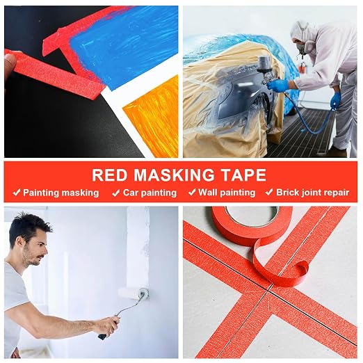 BOMEI PACK Red Painters Tape 1 Inch Bulk - Paint Tape 6 Rolls x 1 Inch x 60 Yards - Painter's Tape Red Masking Tape for Walls Painting, DIY Crafting, Decoration, and School Project, Total 360 Yards