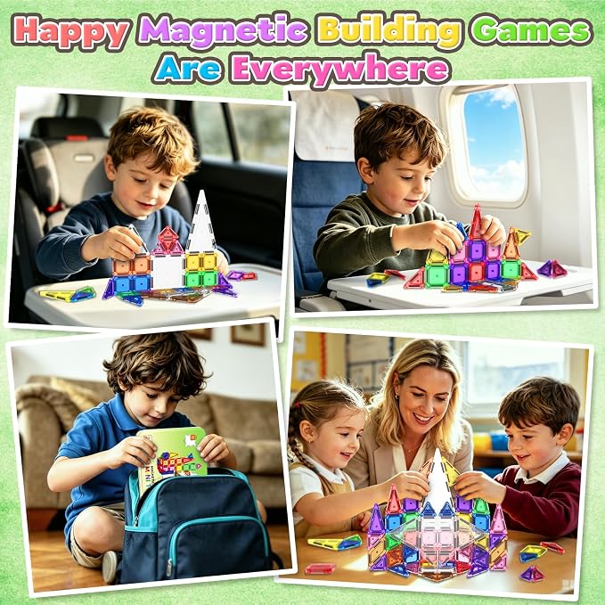 ORZbb 65PCS Mini Magnetic Tiles Toddler Travel Essentials Set with Case, Magnetic Building Blocks Sensory Montessori Preschool Learning Toys Gifts for 3-8 Year Old Boys Girls