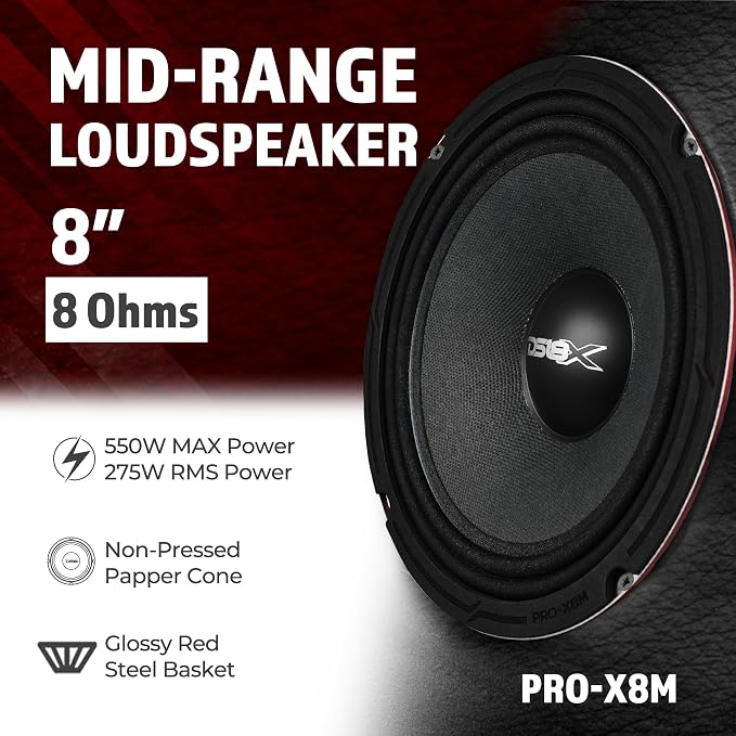 DS18 PRO-X8M Loudspeaker - 8", Midrange, Red Steel Basket, 550W Max, 275W RMS, 8 Ohms - Premium Quality Audio Door Speakers for Car or Truck Stereo Sound System (1 Speaker), Classic