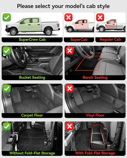 3W Floor Mats (with Metal Pedals) for Ford F-150 2015-2026 & F150 Lightning 2022-2025 SuperCrew (w/o Fold Flat Storage), TPE All Weather Custom Fit, Front & Rear 3PCS | Heavy Duty, Easy Clean - Black