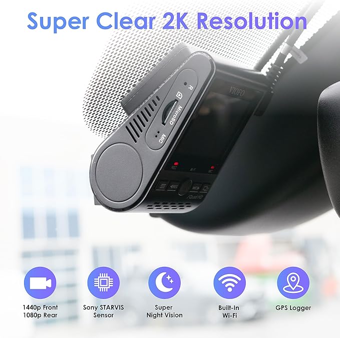 VIOFO Dual Dash Cam, 2K 1440P 60fps+1080P 30fps Front and Rear Dash Camera with Wi-Fi GPS, Parking Mode, Emergency Recording, Super Capacitor, Motion Detection (A129 Plus Duo)