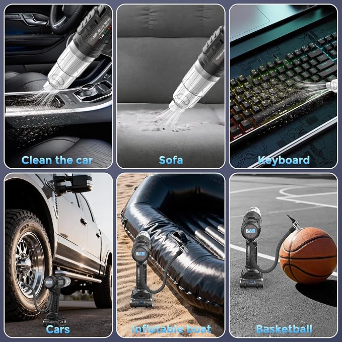 Car Vacuum Portable CordlessTire Inflator for Car 2in1, 40000Pa High Power Dust Buster, Rechargeable 2 Batteries Powered Vacuum Cleaner for Office Home Pet Hair Gifts for Husband Men Black