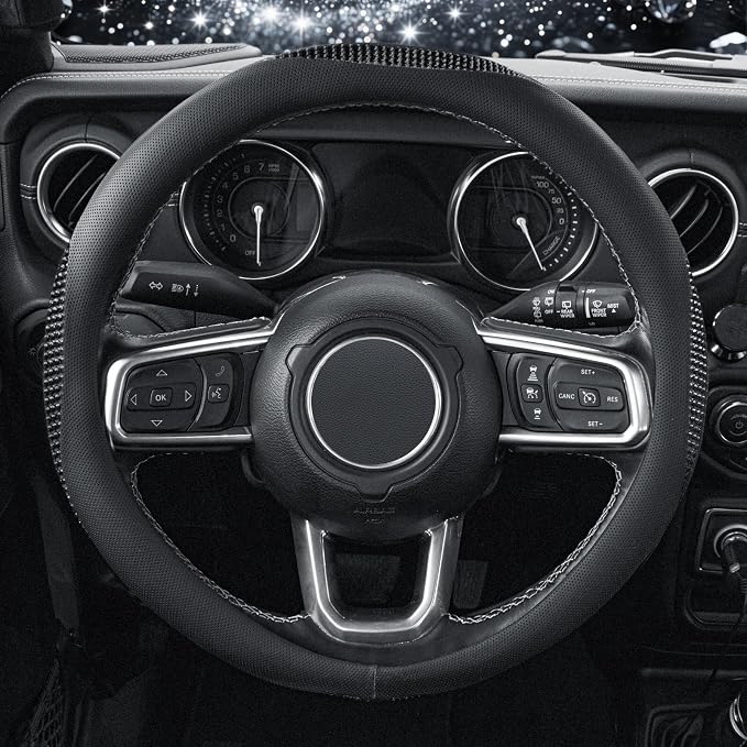 KAFEEK Sparkly Diamond Steering Wheel Cover, Bling Rhinestone Breathable Leather Car Protector, Universal 15 Inch Fit for Women Girls, Anti-Slip Comfortable, Black